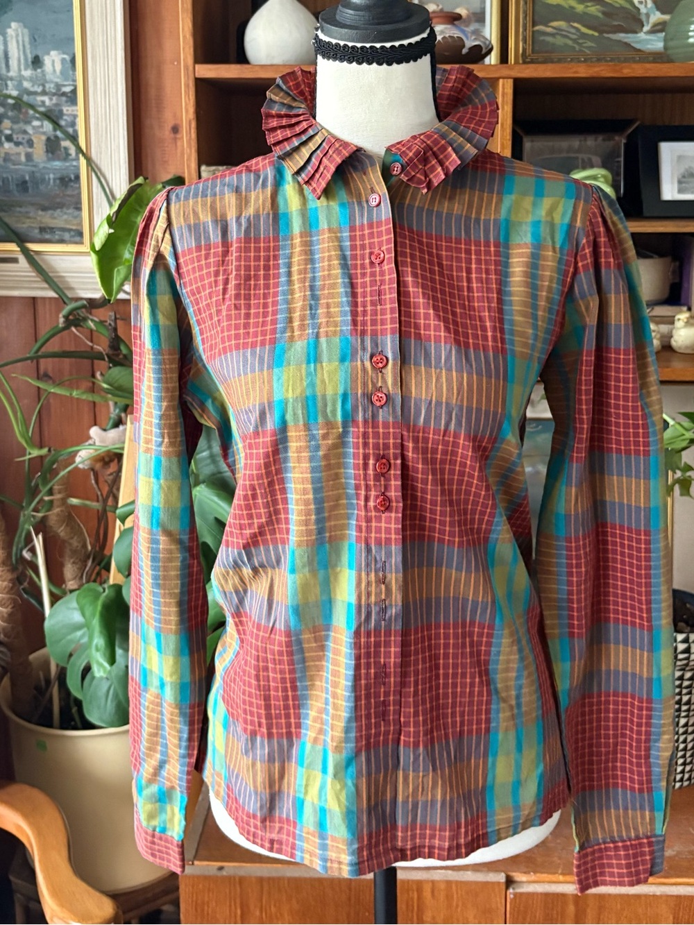 80s Vintage Ruffle Plaid Button Down Blouse M